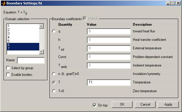 Select boundaries 6 and 7, that is, the heater, and set the Temperature field to T1. Press Apply, to confirm the settings for the Heat transfer application mode.