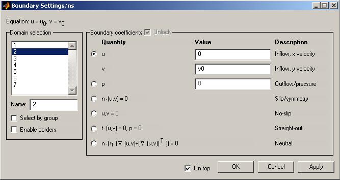 Again, start by selecting all boundaries and click the Slip/symmetry condition. For the inflow boundary, select boundary 2, click the first radio button and set Inflow, y velocity to v0.