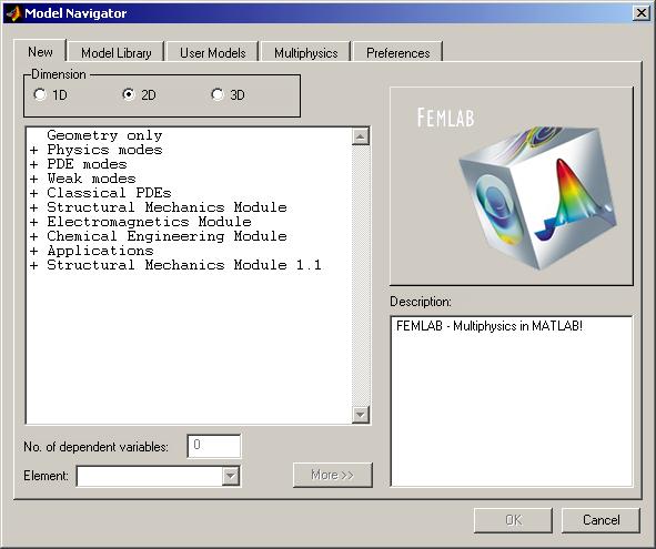 This command starts FEMLAB and opens the Model Navigator. On a Windows PC you can also begin a FEMLAB session from the Start menu.
