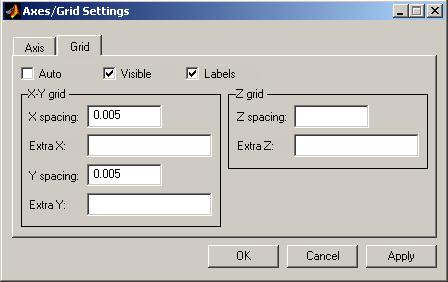 Click the page for the Grid page and deselect the Auto check box. Enter 0.005 as both X spacing and Y spacing. Press OK to close the dialog box and to apply the settings.