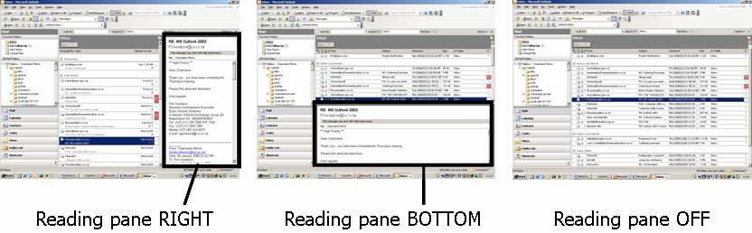Click VIEW Click READING PANE Select RIGHT, BOTTOM or OFF 3.
