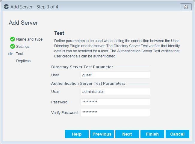 Test Configuration Tab Define parameters for testing the connection between a server and the User Directory Plugin.