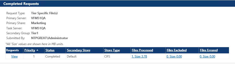 6. To view the results of the files being tiered to each of the secondary stores defined in the storage group, click on the Store Group link.
