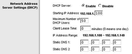 Network Address Server Settings (DHCP) The settings allow you to configure the Router s Dynamic Host Configuration Protocol (DHCP) server function.
