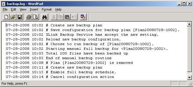 Whenever a backup process is activated, an entry and all actions will be