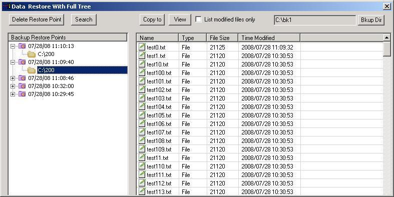 On the Data Restore With Full Tree user-interface, users can clearly view the backup point and see the backup file names, types, sizes, and modified time Four functional buttons are involved in Data
