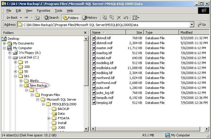2. Copy the files back : In our example, c:\program Files\Microsoft SQL Server\MSSQL.