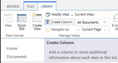 Metadata Columns Creating and Configuring 1. From the Library tab in the ribbon, choose Create Column (can also be done in Library Settings) 2.