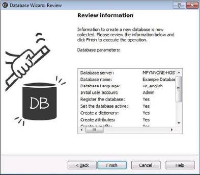 Review database information The review page is used to check through the setup you defined to create a database.