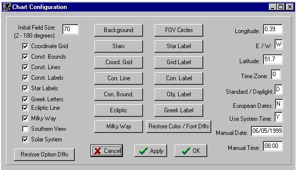 The Navigation Dialog The "slider" controls on this dialog are used to specify a new chart center, field of view size or star magnitude limit.