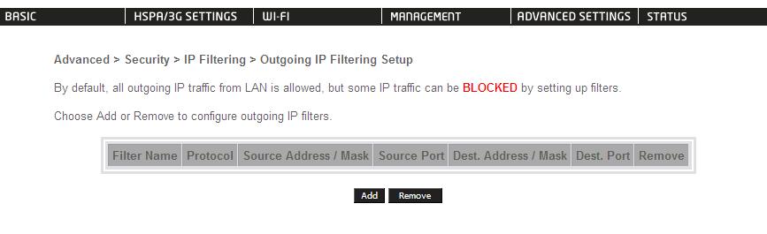 Outgoing IP Filter The default setting for Outgoing traffic is ACCEPTED. Under this condition, all outgoing IP packets that match the filter rules will be BLOCKED.