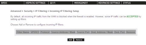 Incoming IP Filter The default setting for all Incoming traffic is BLOCKED. Under this condition only those incoming IP packets that match the filter rules will be ACCEPTED. 6.