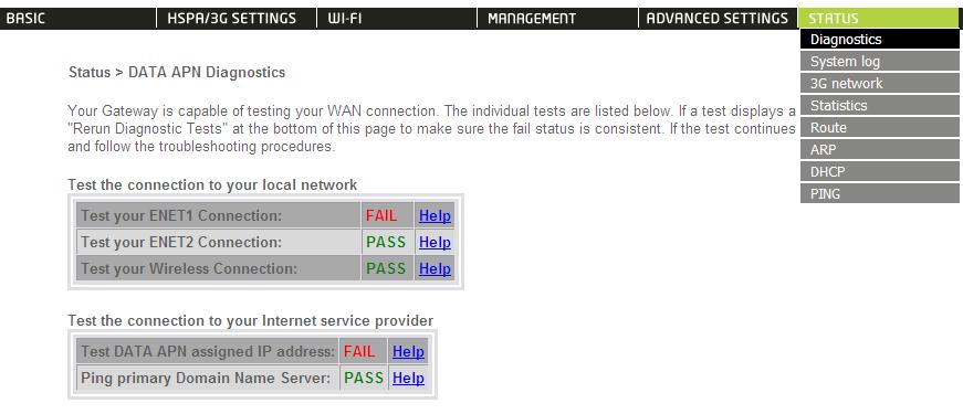 The Status menu has the following submenus: Diagnostics System Log 3G network Statistics Route ARP DHCP PING 8.