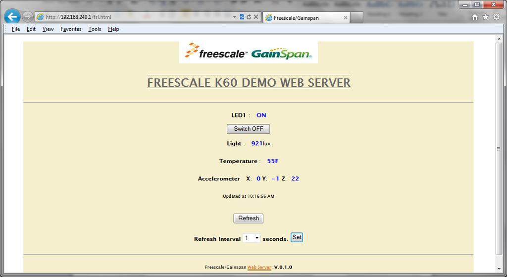 STEP 3: After the PC is connected to the AP, open a PC browser and enter URL: 192.168.240.1/fsl.html. The browser will display the demo server webpage.