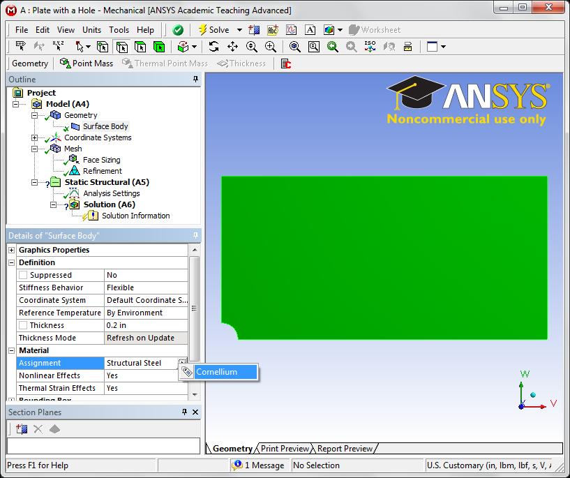 Physics Setup Specify Material First, we will tell ANSYS which material we are using for the simulation. Expand Geometry, and click Surface Body in the Outline window.