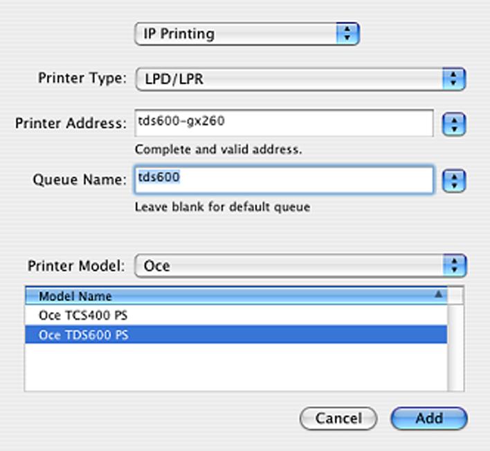 Set up and configure the Océ Printer (Mac OS X 10.4.x or earlier) Step Action Illustration 1 Select IP Printing (or 'IP Printer' on Mac OS 10.
