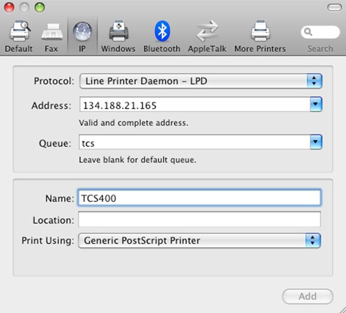 Set up and configure the Océ Printer (Mac OS X 10.5 and higher) a printer Name (e.g. TCS400) a Location, if needed. This optional setting enables to geographically identify your printer location.