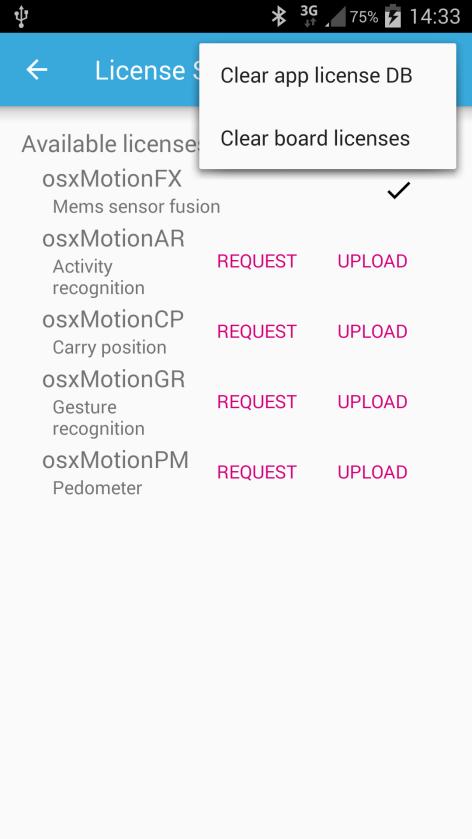 3.5 License Manager Mobile application For the functions requiring a valid license, requests must be made for each STM32 Nucleo board where the firmware will be flashed.