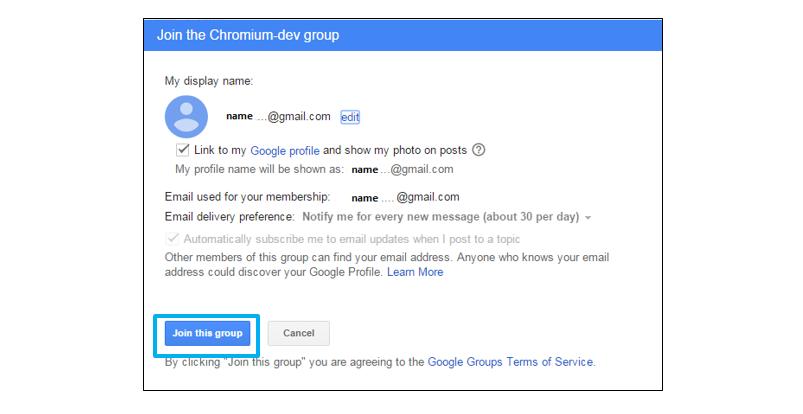 google.com/a/chromium.org/forum/?fromgroups#!forum/chromium-dev. 3 Write Chromium-dev in the search box, and select the appropriate group.