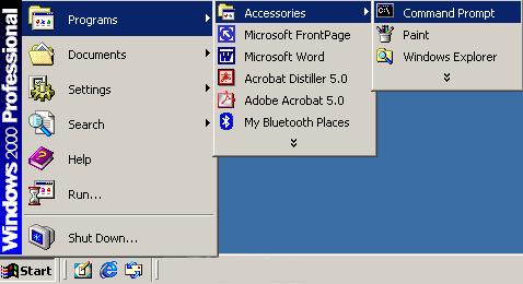 Step 6. Click the Start button. Select Programs, then Accessories and then click Command Prompt. Step 7.