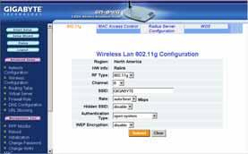 The Wireless Configuration Screen GN-B41G Wireless Broadband Router The Wireless Configuration screen allows you how to configure the Router s WLAN function. The 802.