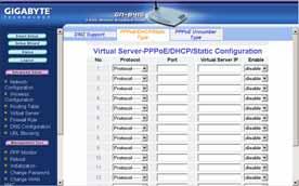 The PPPoE/DHCP/Static Tab A Virtual Server allows computers on the WAN side of the network to connect with a PC server on the LAN side of the network.
