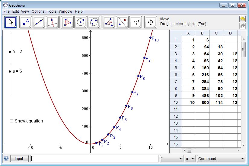 Preparations in GeoGebra Open a new GeoGebra file. Show the Spreadsheet view (View menu). Hide the Algebra view (View menu). In the Options menu set the Labeling to New Points Only.