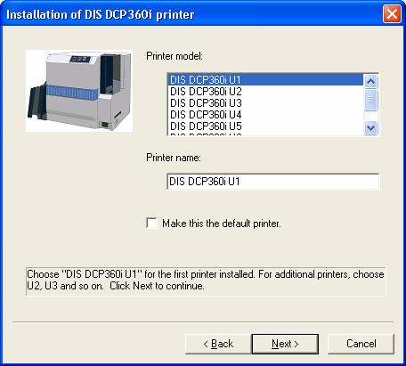 Installation (continued) 6. When the following screen appears, (1) choose the Printer model with reference to the following table, (2) enter Printer name, (3) check Make this the default printer.
