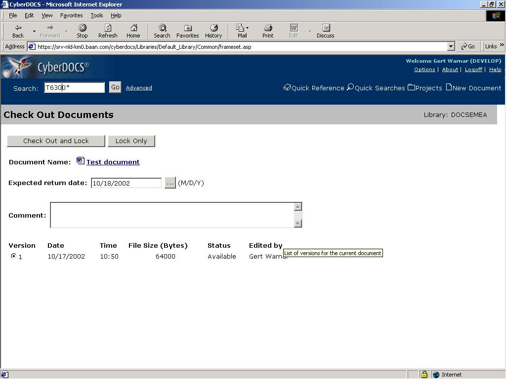 To use CyberDOCS 3-7 Checking out and locking a document transfers a copy of the document to your workstation.