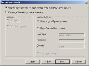 In the Service Settings area, select Use the Local system account. Click Next.