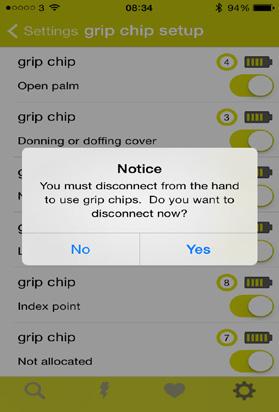 You must disconnect from the hand prior to using grip chips. Upon successful programming of grip chips you will be prompted to disconnect.