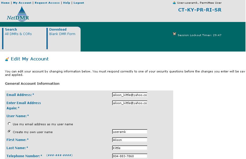 Figure 2-6: My Account Page 1. Log into NetDMR and click on in the upper left corner of the page. 2. Click on within the My Account page. 3.