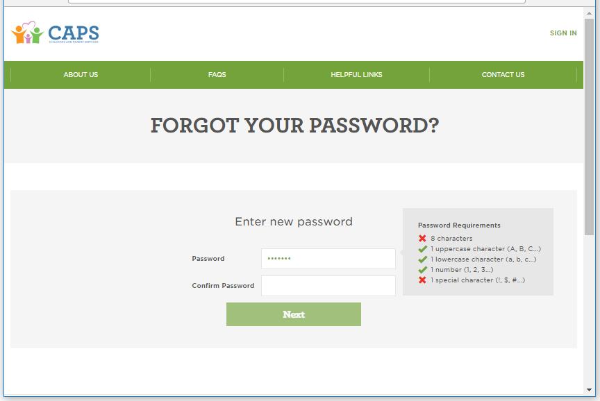 3. The user is then brought to the Enter new password page to set a new password. This password must conform to the criteria specified for the input box.
