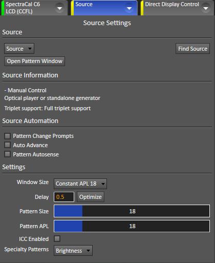 3. On the CalMAN Source Settings tab, click Find Source. 4. From the Manufacturer drop-down, select SpectraCal. 5.