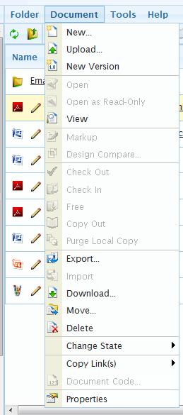 Document Menu The Document menu contains functions to manipulate documents. This Menu can also be accessed by right clicking on a document.