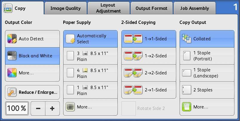 Output Color: You can choose to have a colored copy. Main Copy Screen Copy Output: We select any of the finishing options that are installed on the copier including Stapling and Hole Punching.