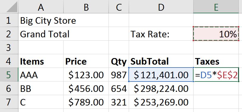 Excel 2016 Basics 2 Math and Functions Class Exercise Calculate Taxes - In Cell D2 type: Tax Rate - In Cell E2 type: 10% - In Cell E4 type: Taxes - In Cell E5 type: =D5*E2 o Our pattern is Subtotal