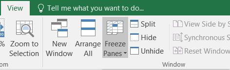 Freeze Panes Excel 2016 Basics 2 Math and Functions Class Exercise - Click inside Cell B5 - From the View tab in the Window group, choose Freeze Panes o This will lock the first four rows and the