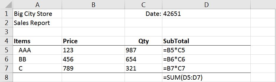 Calculated Results (normal view) Formula View The formula view will stretch out the columns and all the numbers appear to have lost their format, including the dates and some alignments.