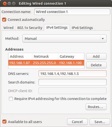 Static IP Address (continued) NETWORK CONNECTIONS 5. In the Editing Wired connection window, click the 1Pv4 Settings tab. 6.