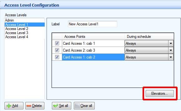 1.8.2 Assign floor groups to access levels 1. In the job tree, select Access Levels. 2. Select the first access level, and then click Elevators. Figure 16.