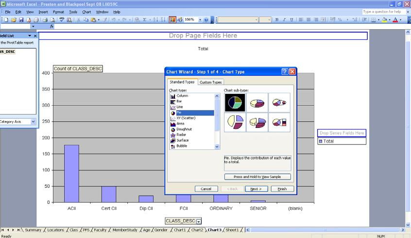 To convert the above bar chart into a pie chart, click on the chart wizard icon again on the menu bar or Chart in the