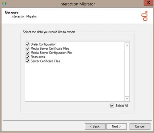 In the Task Selection dialog box, select Export