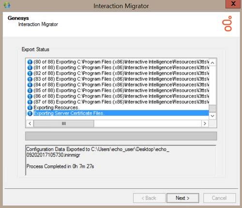 154 Export Interaction Media Server 3.0 configuration data 7. The Export Status dialog box displays real-time updates during the export process.