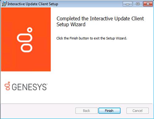 194 CIC User Applications (32-bit and 64-bit) 11. When the installation is complete, click Finish in the Completed Interactive Update Client Setup dialog box. 12. The Setup.exe dialog box appears.