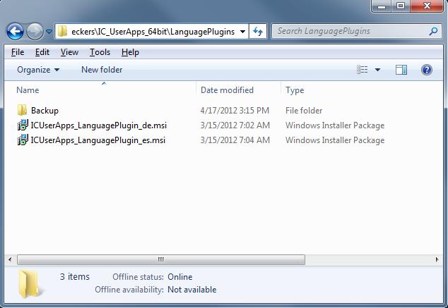 In this example, the IC_UserApps_64bit share contains: Backup directory Language Plugins directory: Contains German and Spanish ICUserApps_LanguagePlugin_de.