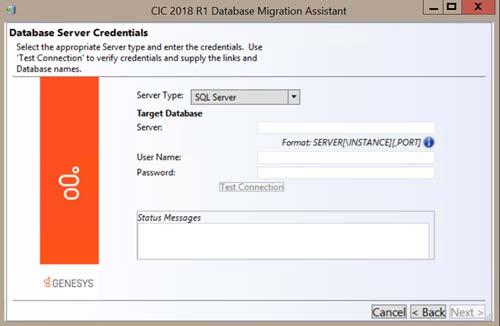 74 Migrate the CIC 3.0 database 5. In the Database Server Credentials dialog box, in the Server Type list box, select the type of database server you are using (for example SQL Server or Oracle.