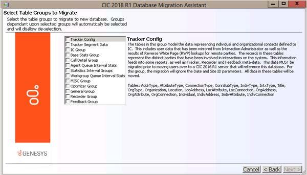 78 Migrate the CIC 3.0 database On a first migration run, the Delete Existing Tracker Data check box appears. To delete the Tracker tables, select Delete Existing Tracker Data.
