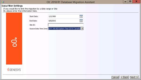 80 Migrate the CIC 3.0 database 13. In the Data Filter Settings dialog box, if you want to limit the migration by date range, site ID, or both, provide the migration parameters and then click Next.