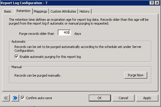 88 Perform CIC 2015 R1 or later database post-migration procedures 4. On the Retention tab, select the Enable automatic purging for this report log check box and click Apply. 5.